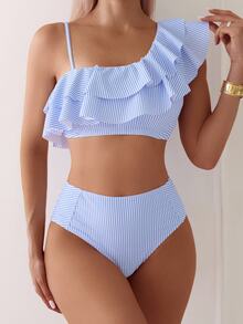 SHEIN Swim Conjunto de top asimétrico con ribete de volantes a rayas de playa de verano para mujeres y bikini inferior - Azul y blanco - Ver 5