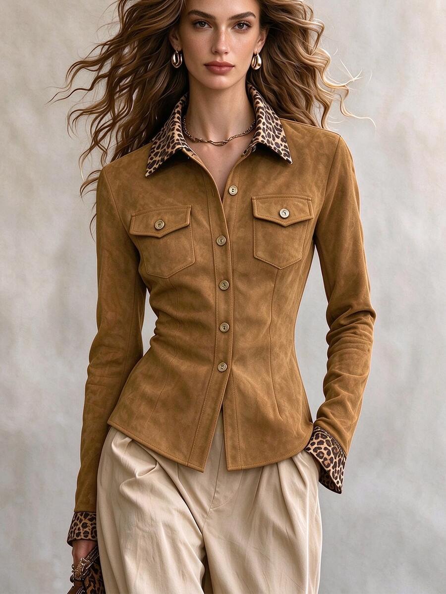 INAWLY Slim Fit Faux Suede Patchwork Leopard Print Shirt - Khaki - View 1