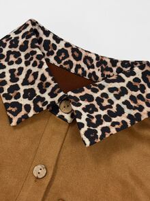 INAWLY Slim Fit Faux Suede Patchwork Leopard Print Shirt - Khaki - View 6