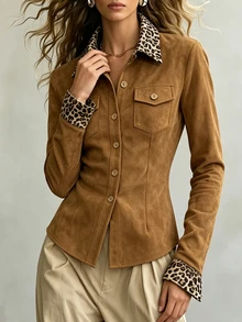 INAWLY Slim Fit Faux Suede Patchwork Leopard Print Shirt - Khaki - View 4