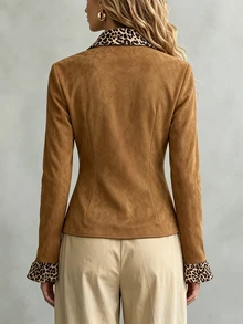 INAWLY Slim Fit Faux Suede Patchwork Leopard Print Shirt - Khaki - View 2