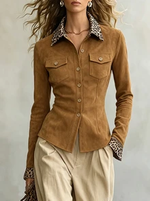 INAWLY Slim Fit Faux Suede Patchwork Leopard Print Shirt - Khaki - View 5