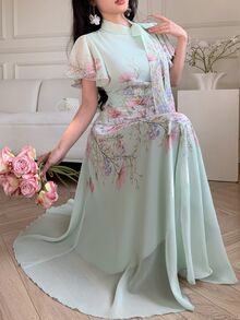 Modelyn Tie-Waist Ruched Placement Print Flare Dress For Women Wedding Garden Party Tea Party Garden Sage Green Floral Floral Romantic French Elegant - Pastel Green - View 8