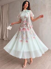 Modelyn Tie-Waist Ruched Placement Print Flare Dress For Women Wedding Garden Party Tea Party Garden Sage Green Floral Floral Romantic French Elegant - Pastel Green - View 1