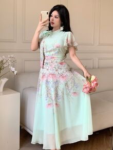 Modelyn Tie-Waist Ruched Placement Print Flare Dress For Women Wedding Garden Party Tea Party Garden Sage Green Floral Floral Romantic French Elegant - Pastel Green - View 7