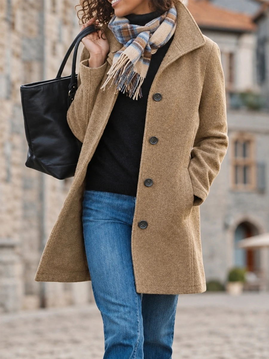 Wandoria Women's Single-Breasted Lapel Mid-Length Overcoat, Autumn/Winter - Khaki - View 1