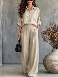 Silhoulove Women's Solid Color Long Sleeve Top And Pants Casual Daily Set Vacation Khaki Green Fall - Apricot - View 12