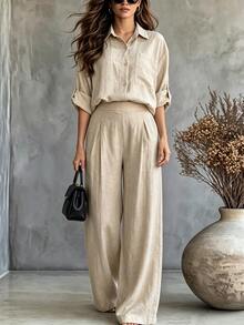 Silhoulove Women's Solid Color Long Sleeve Top And Pants Casual Daily Set Vacation Khaki Green Fall - Apricot - View 11