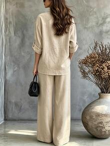 Silhoulove Women's Solid Color Long Sleeve Top And Pants Casual Daily Set Vacation Khaki Green Fall - Apricot - View 8