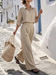 Silhoulove Women's Solid Color Long Sleeve Top And Pants Casual Daily Set Vacation Khaki Green Fall - Apricot - View 7