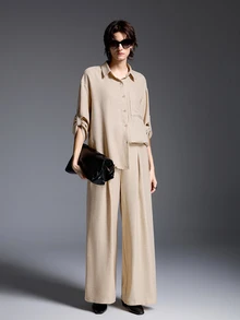Silhoulove Women's Solid Color Long Sleeve Top And Pants Casual Daily Set Vacation Khaki Green Fall - Apricot - View 4