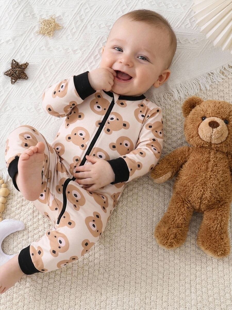 SHEIN Baju Terusan Bayi Laki-Laki Motif Beruang Lucu Kartun - Aprikot - View 1