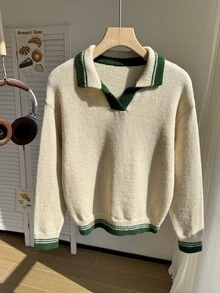 1件女款青少年學院風復古撞色條紋飾邊針織長袖POLO V領軟厚毛衣套頭上衣，日常秋冬穿搭 - 杏色 - 查看 3