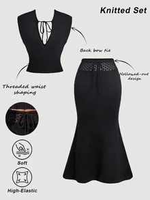 SHEIN MOD Plus Size Knit Sheer Waist Drawstring Midi Skirt Sleeveless Deep V Neck Top Set, Gothic Elegant Two Pieces Set, Women Woolen Suit Black Fall - Black - View 2