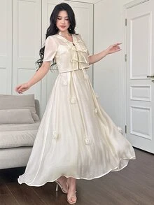 Modelyn 2pcs/Set Women 3D Floral Cinched Waist Sleeveless Top And Camisole Dress Set Vacation Cream White Romantic Elegant - Apricot - View 7