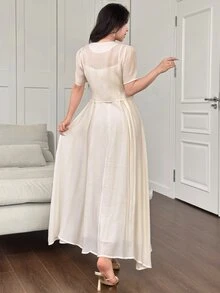 Modelyn 2pcs/Set Women 3D Floral Cinched Waist Sleeveless Top And Camisole Dress Set Vacation Cream White Romantic Elegant - Apricot - View 2