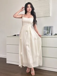 Modelyn 2pcs/Set Women 3D Floral Cinched Waist Sleeveless Top And Camisole Dress Set Vacation Cream White Romantic Elegant - Apricot - View 5