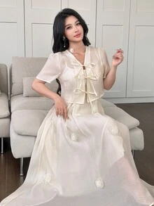 Modelyn 2pcs/Set Women 3D Floral Cinched Waist Sleeveless Top And Camisole Dress Set Vacation Cream White Romantic Elegant - Apricot - View 8