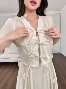 Modelyn 2pcs/Set Women 3D Floral Cinched Waist Sleeveless Top And Camisole Dress Set Vacation Cream White Romantic Elegant - Apricot - View 6
