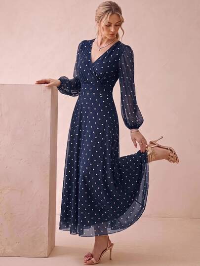 Amorya Women's V-Neck Polka Dot Casual Party Midi Dress