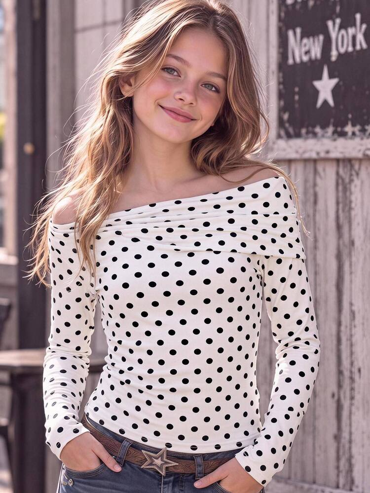 SHEIN Teen Girls Casual Asymmetric T-Shirt, Asymmetrical Shoulder Twist Knot Polka Dot Print T-Shirt, Daily Commute Inner Layer, Marled Knit Long Sleeve T-Shirt - Black and White - View 7