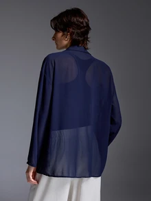 Vaclyn Women's Solid Color Semi-Transparent Fashion Versatile Long Sleeve Blouse - Navy Blue - View 2