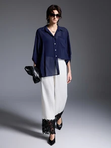 Vaclyn Women's Solid Color Semi-Transparent Fashion Versatile Long Sleeve Blouse - Navy Blue - View 5