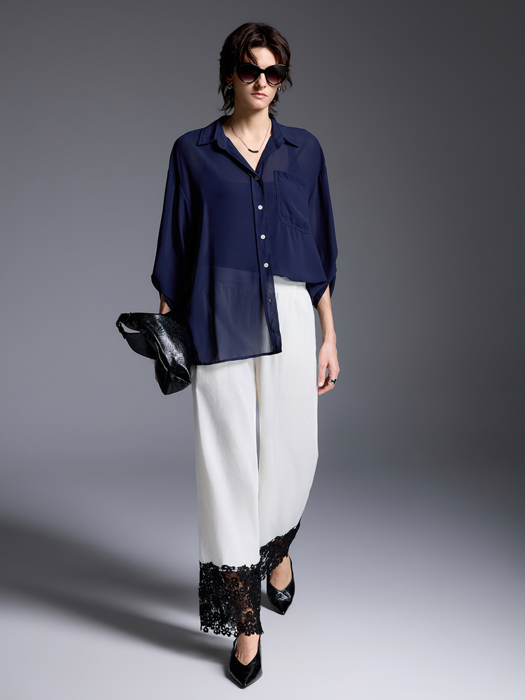 Vaclyn Women's Solid Color Semi-Transparent Fashion Versatile Long Sleeve Blouse - Navy Blue - View 5