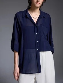 Vaclyn Women's Solid Color Semi-Transparent Fashion Versatile Long Sleeve Blouse - Navy Blue - View 4