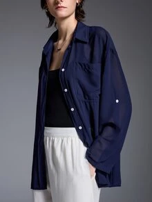 Vaclyn Women's Solid Color Semi-Transparent Fashion Versatile Long Sleeve Blouse - Navy Blue - View 3