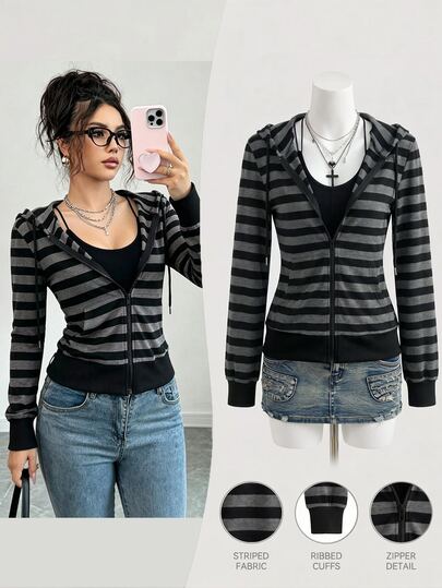 Elenzga Plus Size Women's Black Gray Striped Zip Up Hooded Sweatshirt, Long Sleeve Cropped Jacket With Pocket, Casual Commute Minimalist Streetwear Outerwear