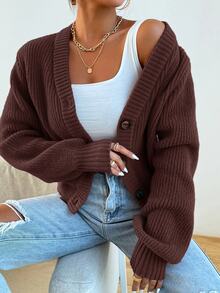 Modelyn Casual Versatile Solid Color Cardigan, Autumn/Winter - Coffee Brown - View 3