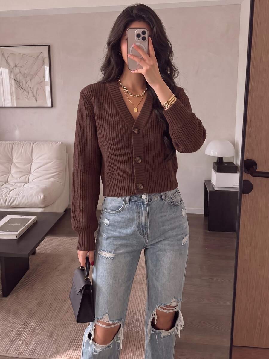 Modelyn Casual Versatile Solid Color Cardigan, Autumn/Winter - Coffee Brown - View 1