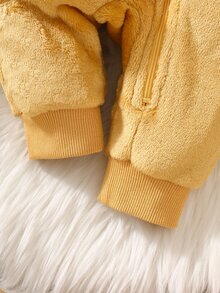 SHEIN 1件新生女嬰連帽連身衣，可愛甜美亮黃色熊刺繡、3D耳朵、長袖連帽毛絨款，前開襟拉鍊，適合冬季與秋季假期 - 黃色 - 查看 8