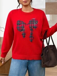 SHEIN Frenchy 大尺碼女款蝴蝶結圖案休閒日常長袖針織衫聖誕冬季款 - 紅色 - 查看 4