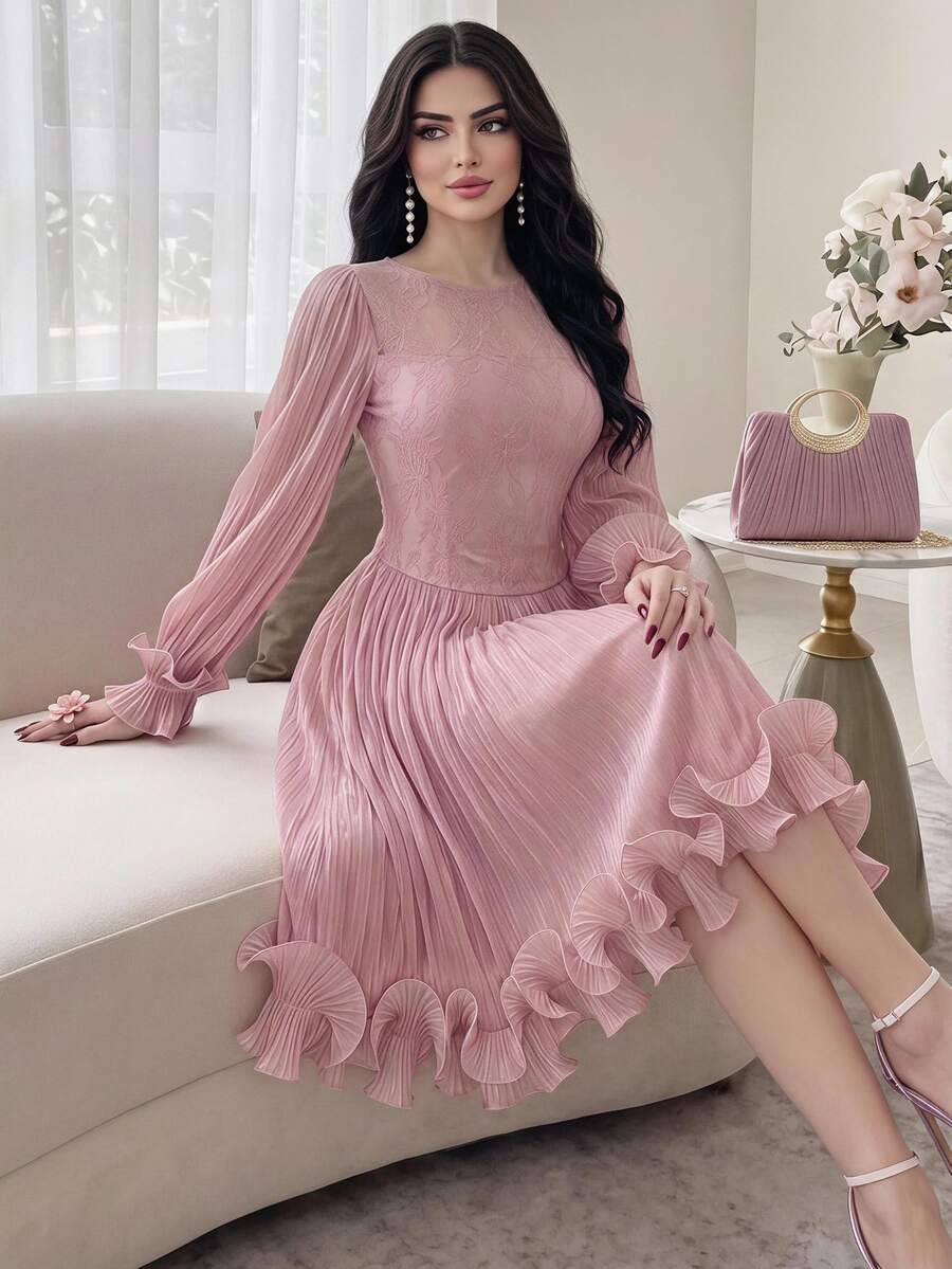 Feyla New Arrival Summer Long Sleeve Romantic Ruffled Elegant Lace Patchwork Dress, Suitable For Vacation And Party