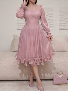 Feyla New Arrival Summer Long Sleeve Romantic Ruffled Elegant Lace Patchwork Dress, Suitable For Vacation And Party - Dusty Pink - View 3