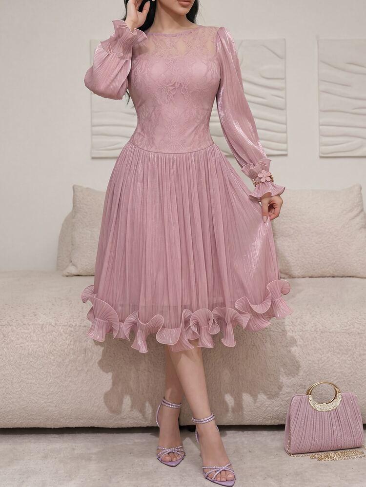 Feyla New Arrival Summer Long Sleeve Romantic Ruffled Elegant Lace Patchwork Dress, Suitable For Vacation And Party - Dusty Pink - View 2