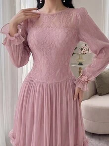 Feyla New Arrival Summer Long Sleeve Romantic Ruffled Elegant Lace Patchwork Dress, Suitable For Vacation And Party - Dusty Pink - View 7
