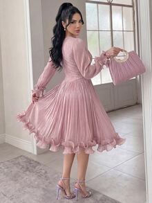 Feyla New Arrival Summer Long Sleeve Romantic Ruffled Elegant Lace Patchwork Dress, Suitable For Vacation And Party - Dusty Pink - View 4