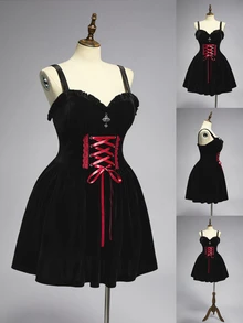ROMWE Romantic Gothic Plus Size Women's Spaghetti Strap Dress, Burgundy Waist Tie Cross Lace Ruffle Design, Gothic Party Full Skirt - Black - View 1
