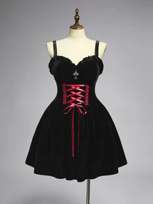 ROMWE Romantic Gothic Plus Size Women's Spaghetti Strap Dress, Burgundy Waist Tie Cross Lace Ruffle Design, Gothic Party Full Skirt - Black - View 8