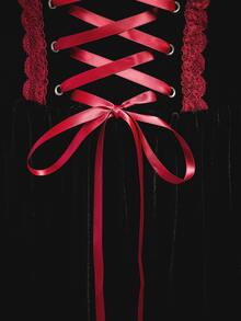 ROMWE Romantic Gothic Plus Size Women's Spaghetti Strap Dress, Burgundy Waist Tie Cross Lace Ruffle Design, Gothic Party Full Skirt - Black - View 5