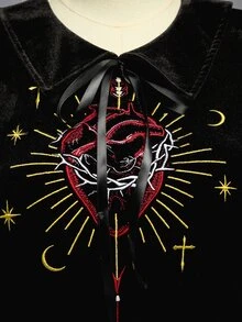 ROMWE Dark Gothic Red Heart Embroidered Pattern Velvet Plus Size Women's Short Dress - Black - View 5
