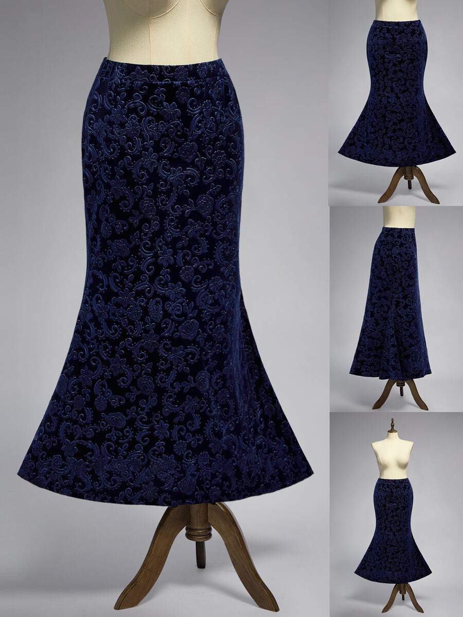 ROMWE Plus Size Women's Velvet Dark Floral Gothic Style Mermaid Skirt - Navy Blue - View 1