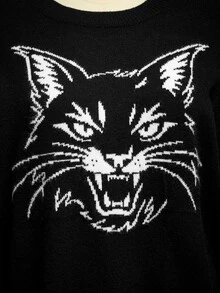 ROMWE Dark Gothic Vintage Cat Versatile Casual Loose Distressed Design Plus Size Pullover Sweater For Women Fall Winter - Black - View 3