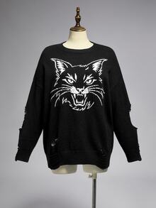 ROMWE Dark Gothic Vintage Cat Versatile Casual Loose Distressed Design Plus Size Pullover Sweater For Women Fall Winter - Black - View 1