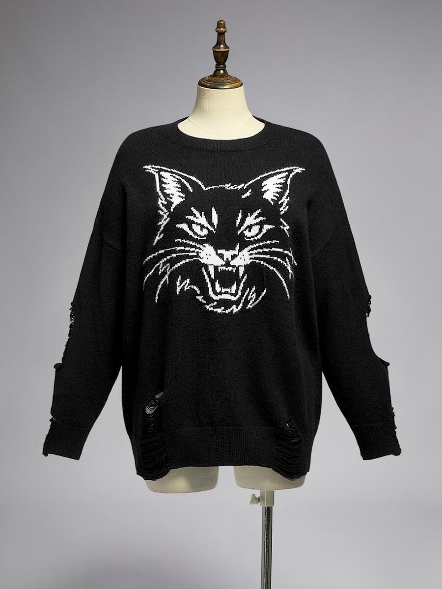 ROMWE Dark Gothic Vintage Cat Versatile Casual Loose Distressed Design Plus Size Pullover Sweater For Women Fall Winter - Black - View 1