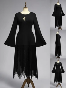 ROMWE Goth فستان نسائي مقاس كبير بتصميم قوطي داكن مع قمر وشبكة مجوفة وحافة غير متماثلة وتفاصيل رقعات - الأسود - مشاهدة 1