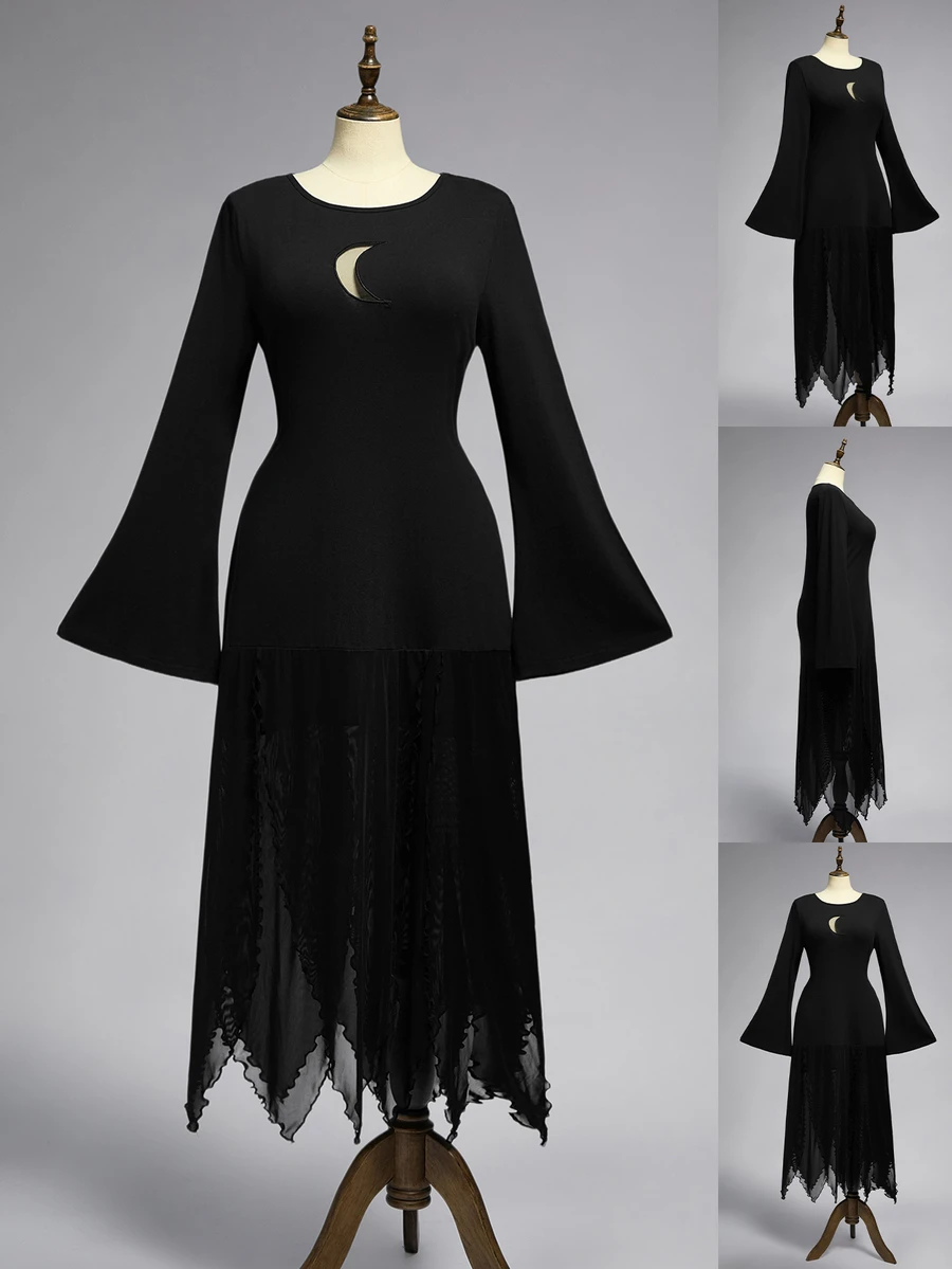 ROMWE Goth فستان نسائي مقاس كبير بتصميم قوطي داكن مع قمر وشبكة مجوفة وحافة غير متماثلة وتفاصيل رقعات - الأسود - مشاهدة 1